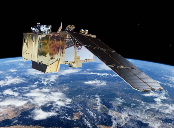 Satellite orbiting Earth above the atmosphere, illustrating space technology and global connectivity.