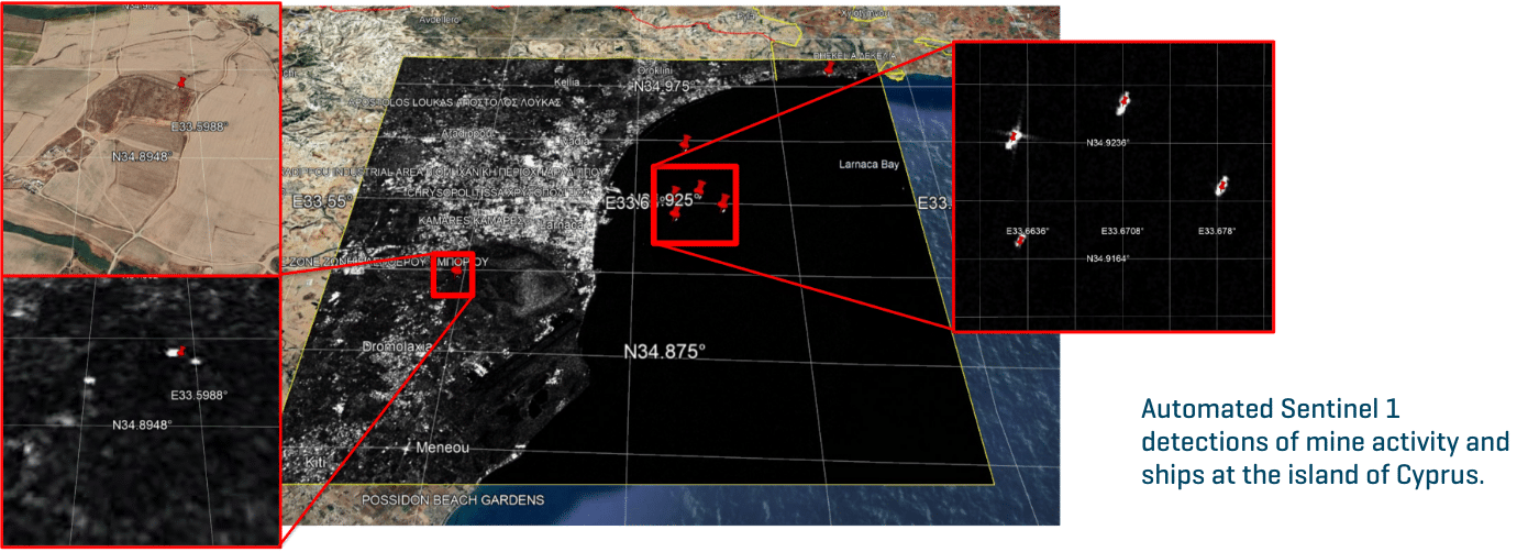 Automated satellite-based human activity change detection highlighting detected activity areas across multiple sensor views.